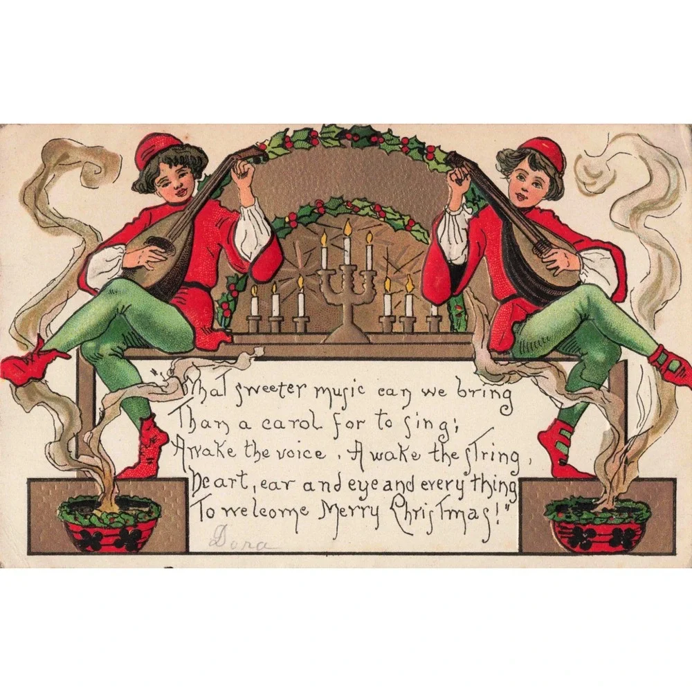 Antique 1911 Christmas Postcard L&E Serie 2227 Musicians Lute Embossed Germany